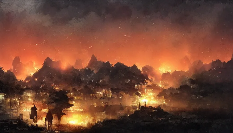 Image similar to craig mullins and wenjun lin zhongyuan festival in fujian ， lanterns in the sky ， river ， dark sky ， fire clouds ， ， village ， ghost ， unreal engine, hyper realism, realistic shading, cinematic composition, realistic render, octane render, detailed textures, photorealistic, wide shot