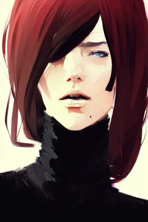 Image similar to a ultradetailed portrait painting of a stylish woman in a black turtleneck by conrad roset, greg rutkowski and makoto shinkai trending on artstation