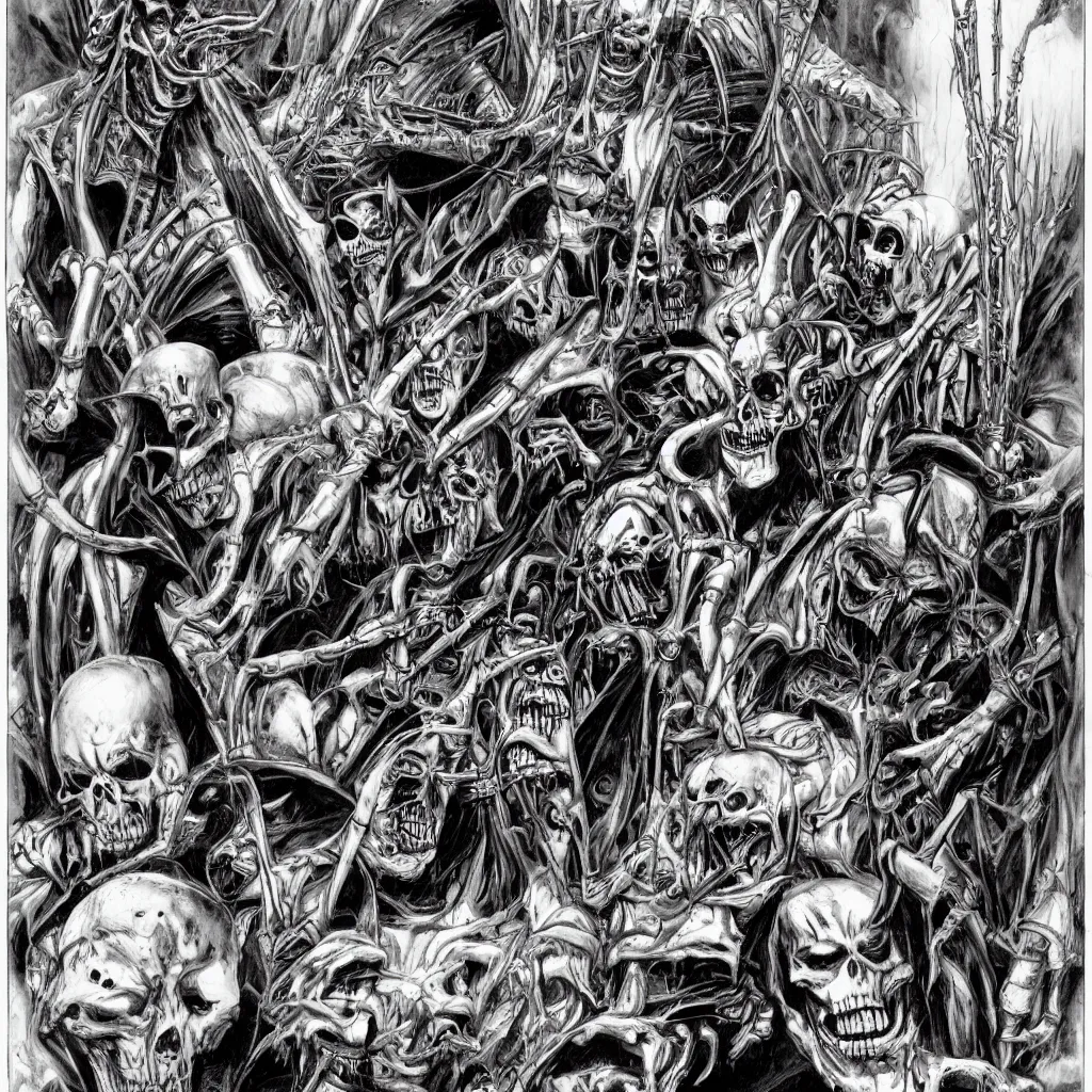 Prompt: judge death and vic rattlehead and the grim reaper by simon bisley and h.r. giger