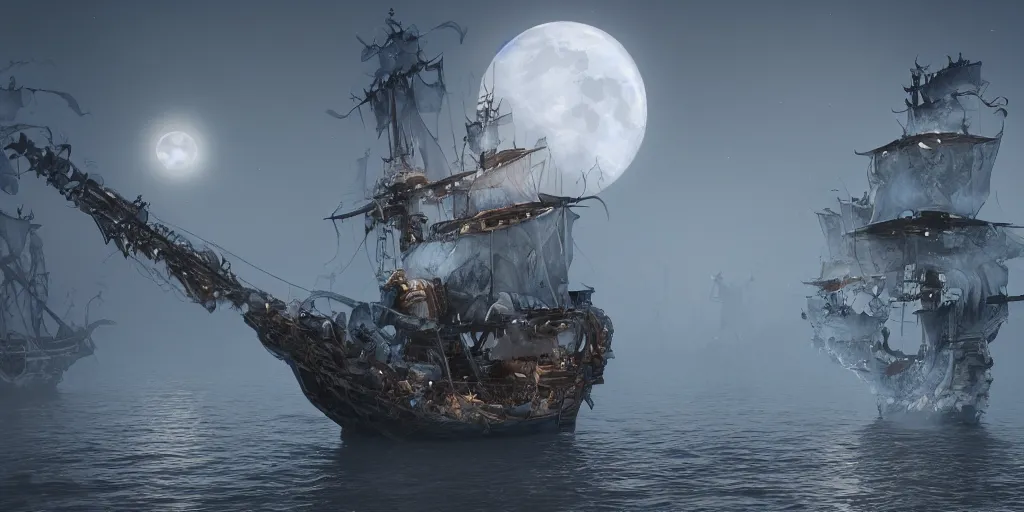 Prompt: ethereal ghost pirate ship at open sea at night, full moon behind it, 3 d art, octane render, 6 k, unreal engine