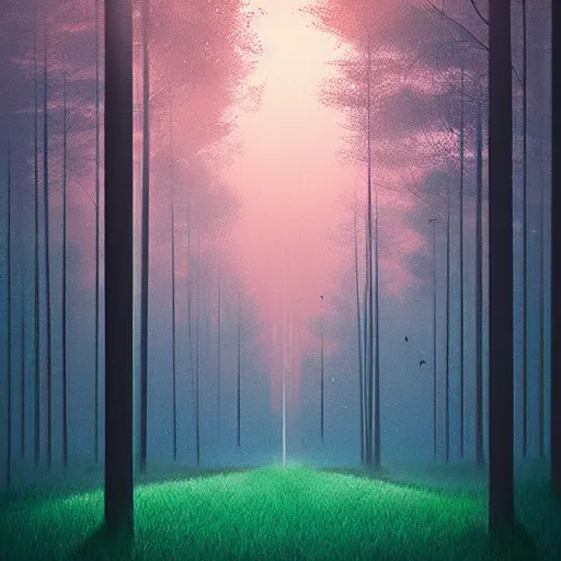 Prompt: forest at night with floating lights by Alena Aenami