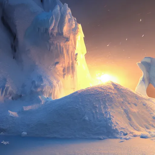 Prompt: an ice volcano, heatwave, fantasy, hyper realism, behance, artstation, unreal engine 5, octane, deviantart