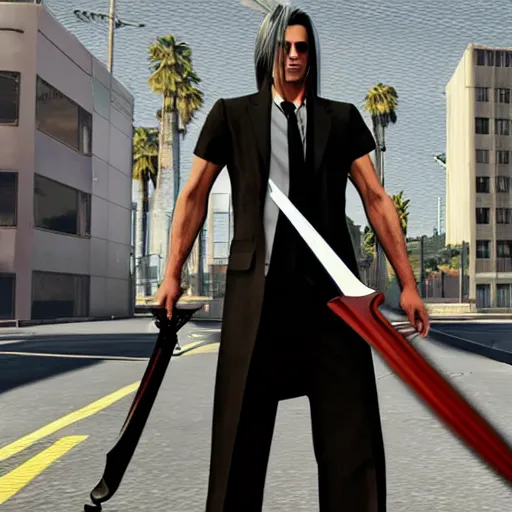 Image similar to Screenshot of Sephiroth in the game GTA V, highly detailed