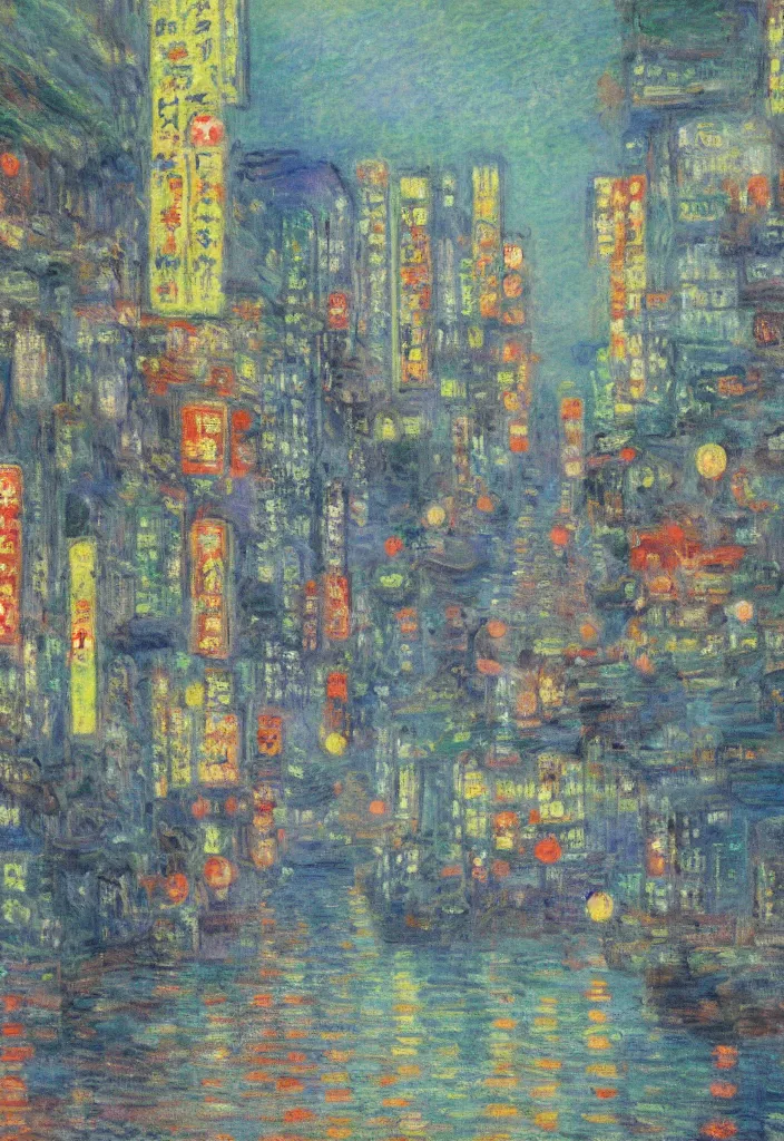Prompt: a beautiful japanese city near the sea, 1 0 % cyberpunk, year 1 9 2 0, oil painting in impressionist style, by monet, multiple brush strokes, inspired by ghibli and makoto shinkai, masterpiece
