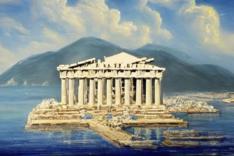 Image similar to a beautiful painting of there is a mysterious parthenon on the blue sea, full of holy white flowers