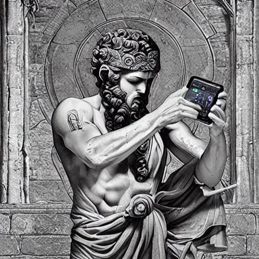 Image similar to an Ancient Greek god using an iPhone, epic, art, hyper detailed, cinematic, ethereal