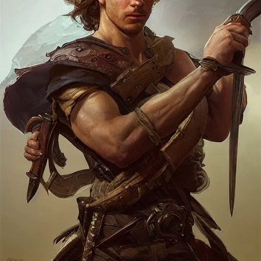 Image similar to portrait of a young rugged ranger holding his longsword up, hands, muscular, upper body, D&D, fantasy, intricate, elegant, highly detailed, digital painting, artstation, concept art, smooth, sharp focus, illustration, art by Artgerm and Greg Rutkowski and Alphonse Mucha