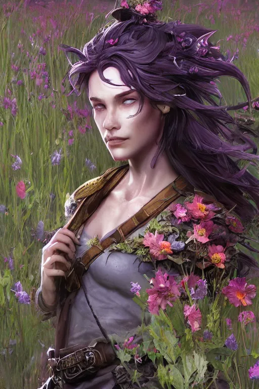 Prompt: A high fantasy female dnd ranger standing in the middle of the field of flowers by Eddie Mendoza face close up official media beautiful detailed high quality