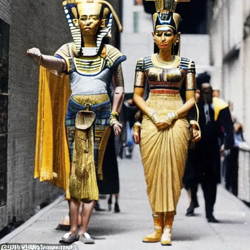 Prompt: a candid photograph taken of queen nefertiti and tutankhamun walking down a new york street yesterday by paparazzi, dslr