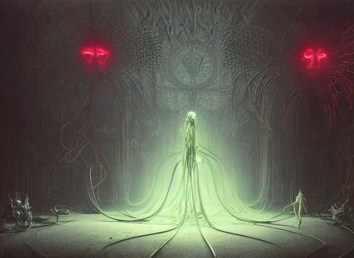 Image similar to satanic ritual, neon, they are watching, RGB, glowing wires everywhere, pristine, by Edgar Maxence and Ross Tran, Zdzisław Beksiński, and Michael Whelan, distant, gustav dore, H.R. Giger, 8k, octane render