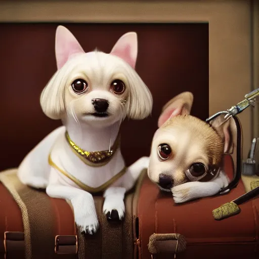 Prompt: closeup portrait of little dogs with rifles retro living room of dog family, depth of field, zeiss lens, detailed, centered, fashion photoshoot, by nicoletta ceccoli, mark ryden, lostfish, breathtaking, 8 k resolution, extremely detailed, beautiful, establishing shot, artistic, hyperrealistic, octane render,