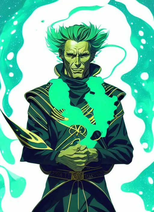 Prompt: style artgerm, joshua middleton, illustration, clint eastwood as a high priest wearing green pelt light armor, anime eyes, blue hair, swirling water cosmos, fantasy, dnd, cinematic lighting