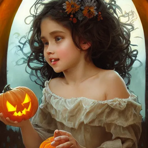 Image similar to a cute happy little girl with light brown wavy curly hair and blue eyes sitting amidst piles of skulls and pumpkins. beautiful cute highly detailed face. spooky halloween themed painting by artgerm and greg rutkowski and alphonse mucha.