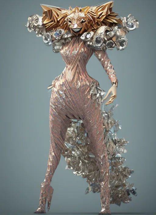 Image similar to a beautiful anthropomorphic lionness woman made out of ceramic and diamonds wearing a flowing salmon colored paper dress, a futuristic subway stop made out of origami, paper origami, many origami orchid flowers, heavenly light, 3 d, very detailed, octane render, trending artstation, artgem