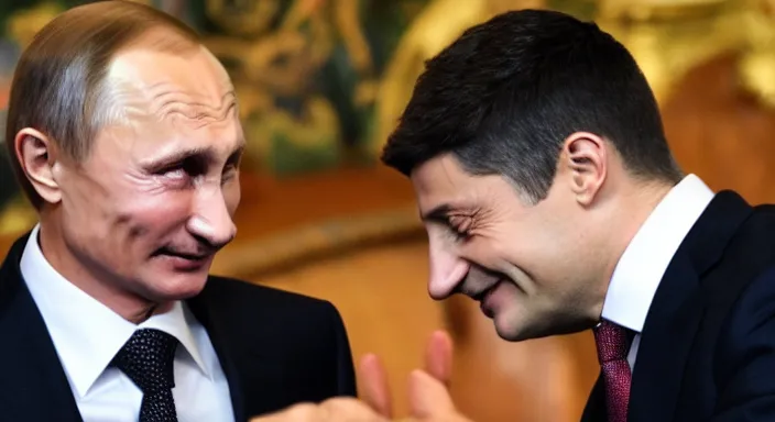 Prompt: vladimir zelensky hugging vladimir putin