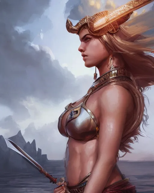 Prompt: A thick beautiful female warrior posing on a boat, bikini, beautiful face, close-up, fantasy woman, fantasy art, in the style of greg rutkowski, illustration, epic, fantasy, intricate, hyper detailed, artstation, concept art, smooth, sharp focus, ray tracing, profile shot