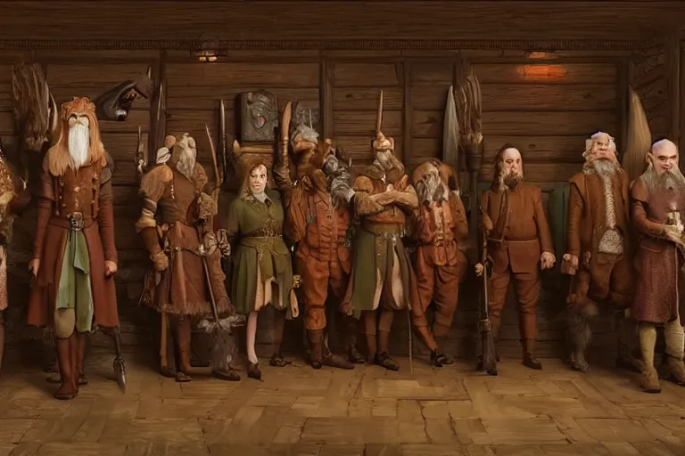 Image similar to A group of High Fantasy Creatures lined up for a portrait in a tavern, Screenshot of Wes Anderson's New RPG Movie, Photo realistic, Regal, Formal, Symmetrical, Satisfying, Dynamic lighting, Highly Detailed, Cinematic Lighting, 8k, HD