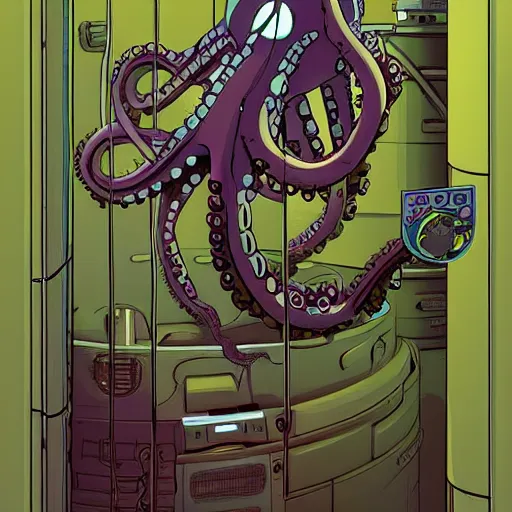 Image similar to robotic Octopus in an airlock, Industrial Scifi, detailed illustration, character portrait, by Martin Grip and Moebius