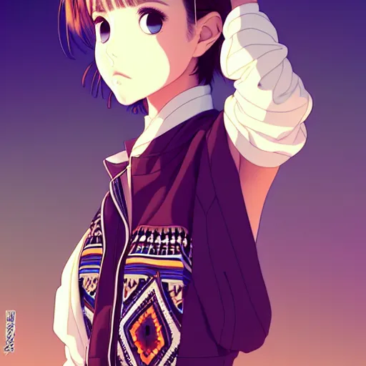 Image similar to a beautiful! boyish! natalie portman alluring gravure! model, wearing oversized aztec bomber jacket and leotard, poofy bomber jacket with mayan patterns, gapmoe yandere grimdark, trending on pixiv fanbox, painted by greg rutkowski makoto shinkai takashi takeuchi studio ghibli, akihiko yoshida