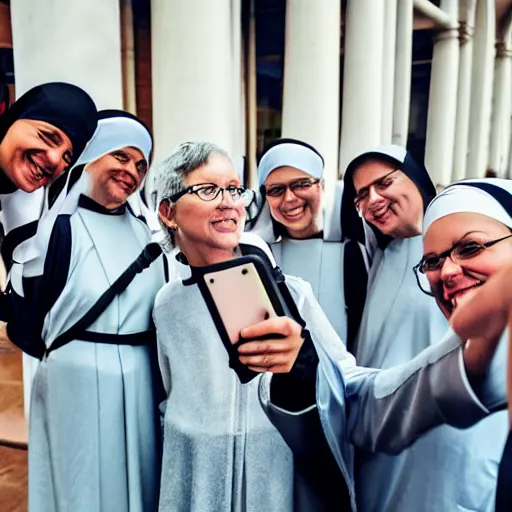 Image similar to group of nuns taking a selfie with a selfiestick, statue of david