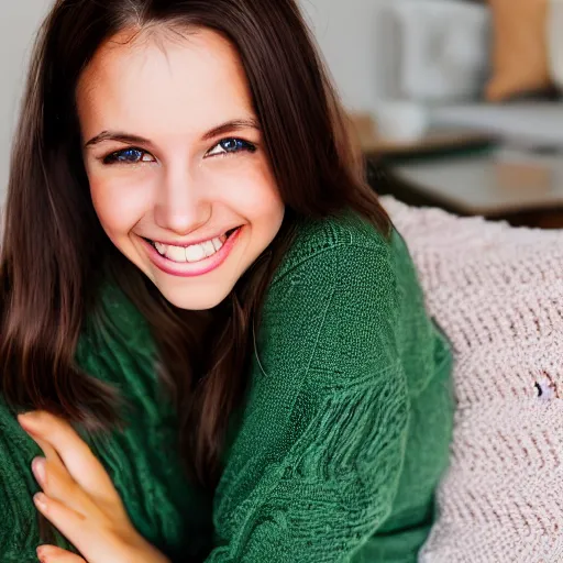 Prompt: Photo of a cute young woman smiling, long shiny bronze brown hair, full round face, emerald green eyes, medium skin tone, light cute freckles, smiling softly, wearing casual clothing, relaxing on a modern couch, interior lighting, cozy living room background, medium shot, mid-shot, soft focus, professional photography, Portra 400