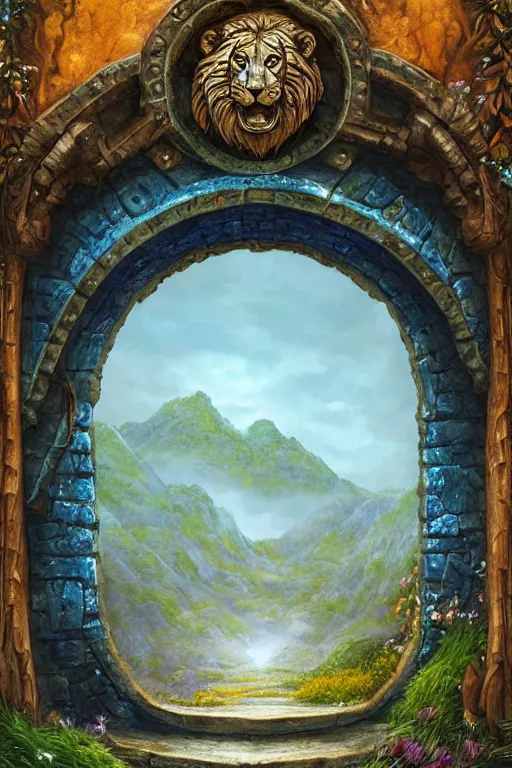 Image similar to A giant medieval fantasy blue energy portal gate with a rusty gold carved lion face at the center of it, the portal takes you to another world, full of colorful flowers on the lost Vibes and mountains in the background, spring, delicate fog, sea breeze rises in the air, by andreas rocha and john howe, and Martin Johnson Heade, featured on artstation, featured on behance, golden ratio, ultrawide angle, f32, well composed, rule of thirds, center spotlight, low angle view