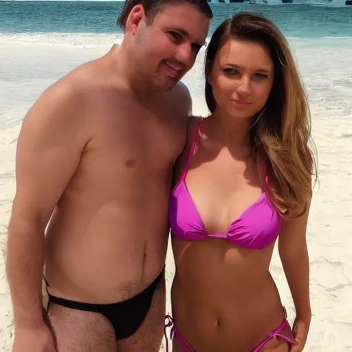 Prompt: photo of a 4 0 year old man that looks young for his age dating a very attractive 2 2 year old woman wearing a bikini. closeup