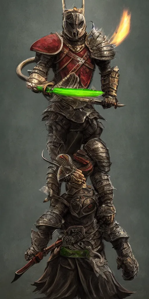 Image similar to full body portrait of half rat knight holding a great sword made of fire, anthropomorphic, prompt:hyper realistic, high detail, photo realistic, cinematic lighting, rendering by octane, spot lighting, in a open field, high quality, coherent. green hue armor