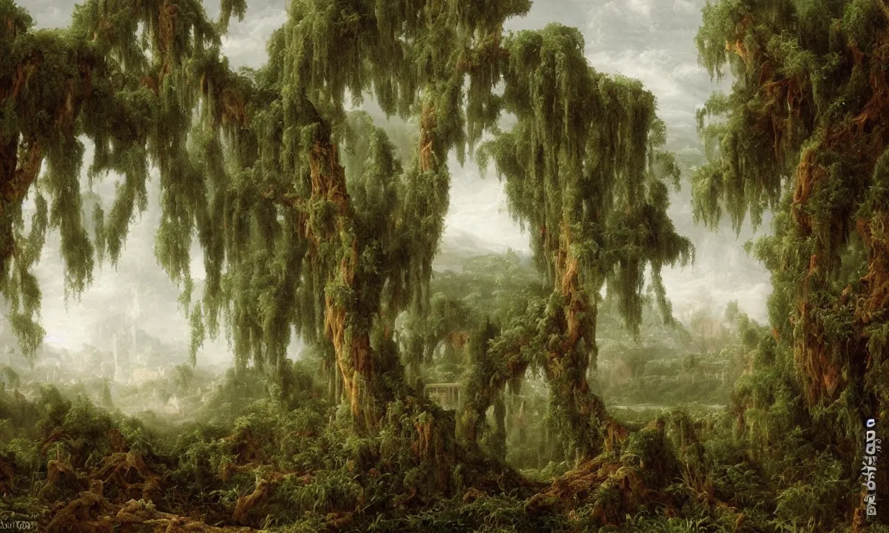 Prompt: antique ruined city, landscape by weeping willows, misty garden, thomas cole, lord of the ring, intricate details