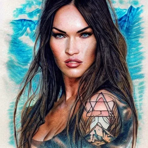 Prompt: realistic tattoo sketch of megan fox face double exposure effect with a mountain scenery, in the style of matteo pasqualin, amazing detail, sharp, faded