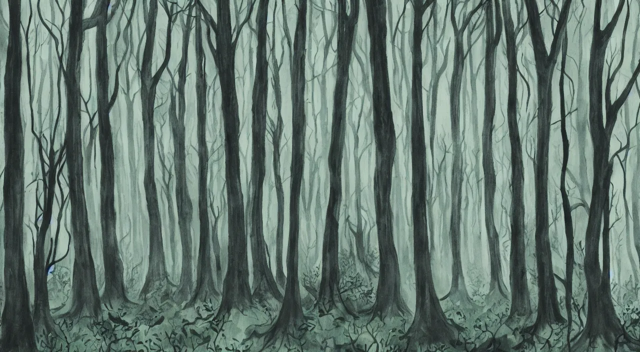 Prompt: forest filled with towering trees, large canopy, dappled light, creepy, horror, nightmare, gouache, sponge painting