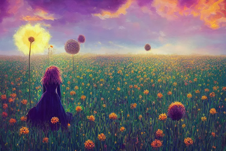 Image similar to giant thistle head, girl in suit in field of flowers, surreal photography, sunrise, blue sky, dramatic light, impressionist painting, digital painting, artstation, simon stalenhag