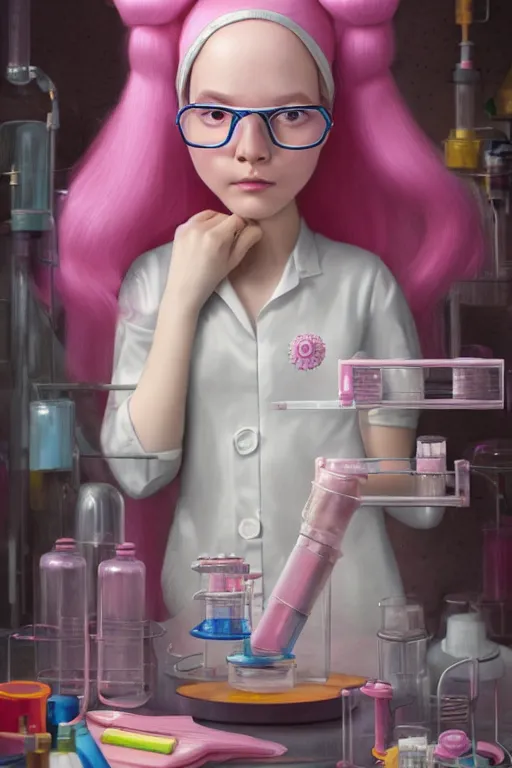 Prompt: highly detailed, profile portrait of adult princess bubblegum from adventure time, experimenting in her science lab, wearing lab coat and safety glasses, bubblegum hair, depth of field, illustration, concept art by nicoletta ceccoli, mark ryden, lostfish, detailed and intricate environment, 8 k resolution, hyperrealistic, octane render