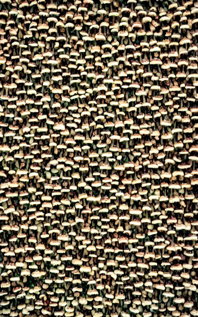 Image similar to photo of a wall covered in hundreds of pictures of mushrooms with hundreds of pictures of mushrooms in the shape of a mushroom, 8k