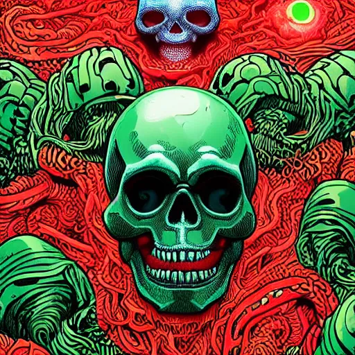 Image similar to a glowing red skull in a green sea enveloped by jellyfish tendrils and black seaweed by josan gonzalez and dan mumford, highly detailed, high contrast