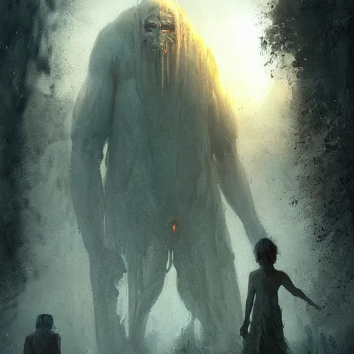 Image similar to a beautiful terrifying immense pale humanoid giant looms over a tiny human. ethereal horror fantasy art by greg rutkowski