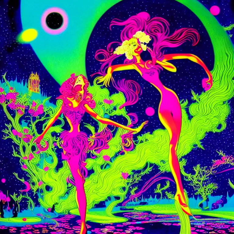 Image similar to cosmic girl, infinite hallucination, bright neon colors, highly detailed, cinematic, eyvind earle, hiroo isono, tim white, philippe druillet, roger dean, lisa frank, aubrey beardsley