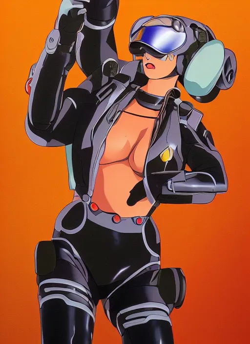 Image similar to Portrait of a female mech pilot in a latex bodysuit, 90s anime, cel-shaded, highly detailed, dramatic background, complementary lighting, poster