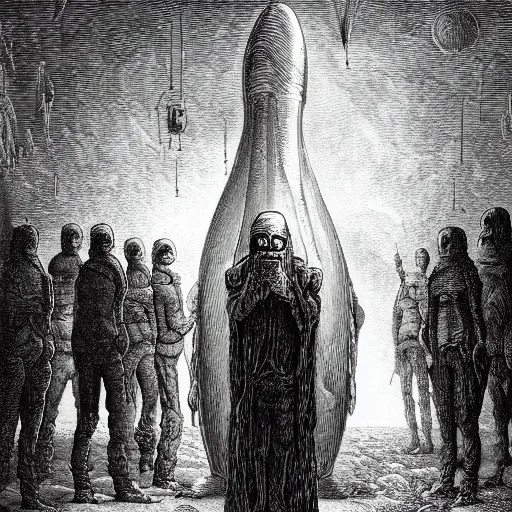 Image similar to eerie space alien talking to a group of people in front of a space ship in an ancient village in a Gustave Dore art style, grunge, matte