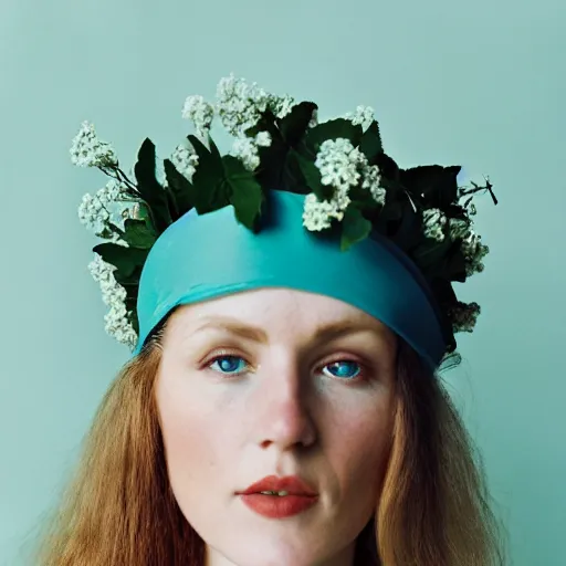 Prompt: a photograph of beautiful nordic woman wearing a white folkdrakt dress, she has a summer flower headband. against a teal studio backdrop. close - up. strong kodak portra 4 0 0 film look. film grain.