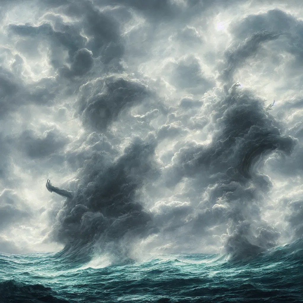 Image similar to a fantasy book style portrait of a giant dragon, stormy sea, giant waves, lightning, small boat, oil painting, 4 k