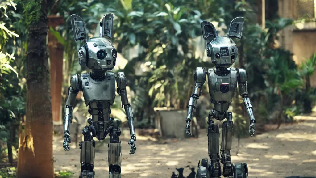 Image similar to film still from the movie chappie of the robot chappie shiny metal outdoor park plants garden scene bokeh depth of field furry anthro anthropomorphic stylized cat ears head android service droid robot machine fursona