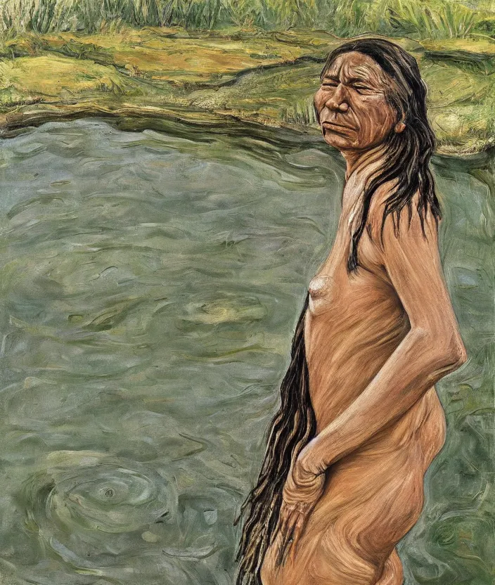 Image similar to indigenous woman standing in a pond, painted by lucian freud, hd, super detailed, realistic, muted colors