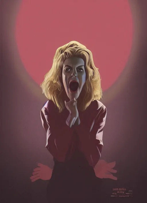 Image similar to Twin Peaks movie poster artwork by Michael Whelan and Tomer Hanuka, Rendering of Laura Palmer screaming, from a scene from Twin Peaks, clean, full of detail, Matte painting, trending on artstation and unreal engine