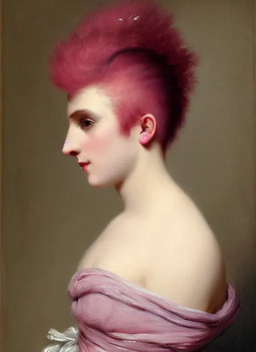 Image similar to a detailed portrait of woman with a mohawk by edouard bisson, pink hair, punk rock, oil painting, muted colours, soft lighting