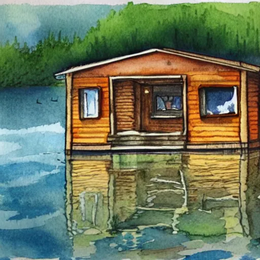 Prompt: a detailed watercolor illustration of a retrofuturistic cabin by the lake,
