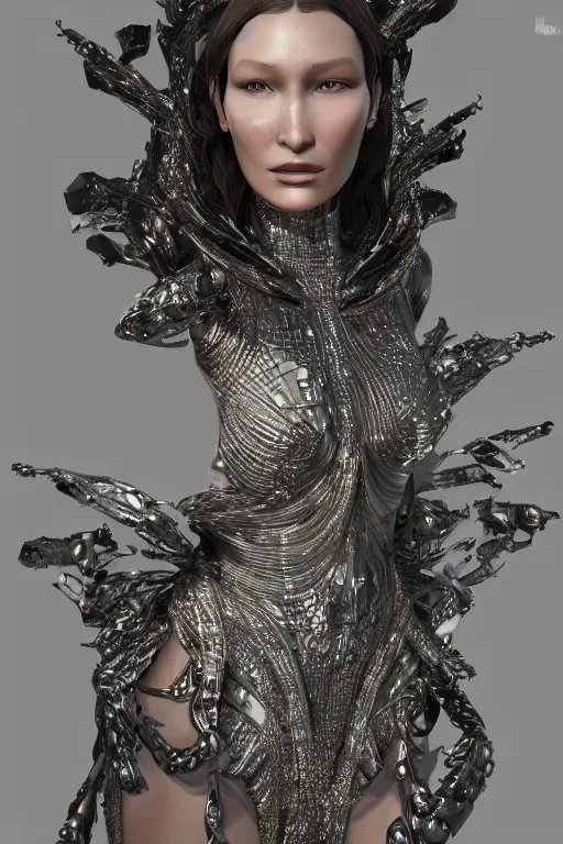 Prompt: a highly detailed medium shot 8 k render portrait of an alien goddess bella hadid in iris van herpen dress schiaparelli armor in diamonds and lots of jewelry in style of alphonse mucha trending on artstation made in unreal engine 4