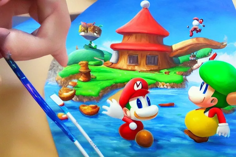 Image similar to painting wonderland marioworld yoshi kurbi dofus acrylic 3 d real