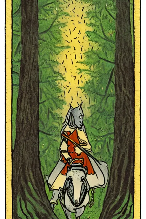 Prompt: tarot card of a shining knight that is lost in the woods and is followed by a shade