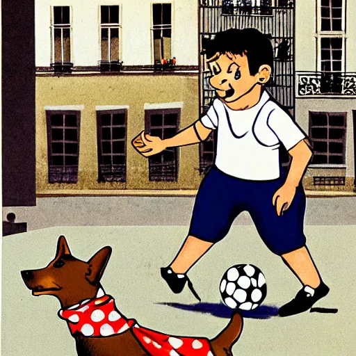 Image similar to book illustration of a french boy on the streets of paris playing football against a corgi, the dog is wearing a polka dot scarf, 1 9 6 6